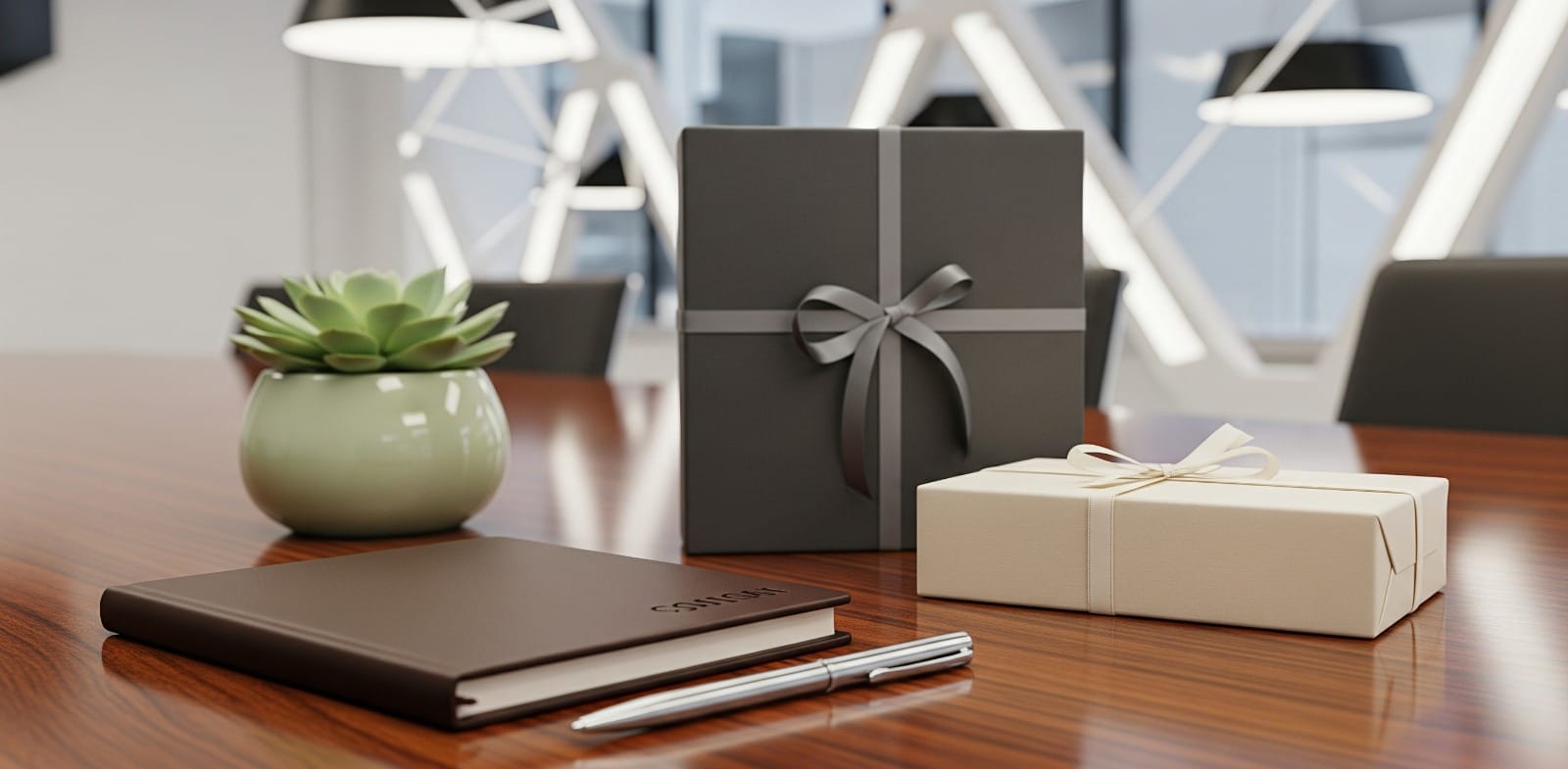 Wrapped corporate gift and leather diary on a boardroom table